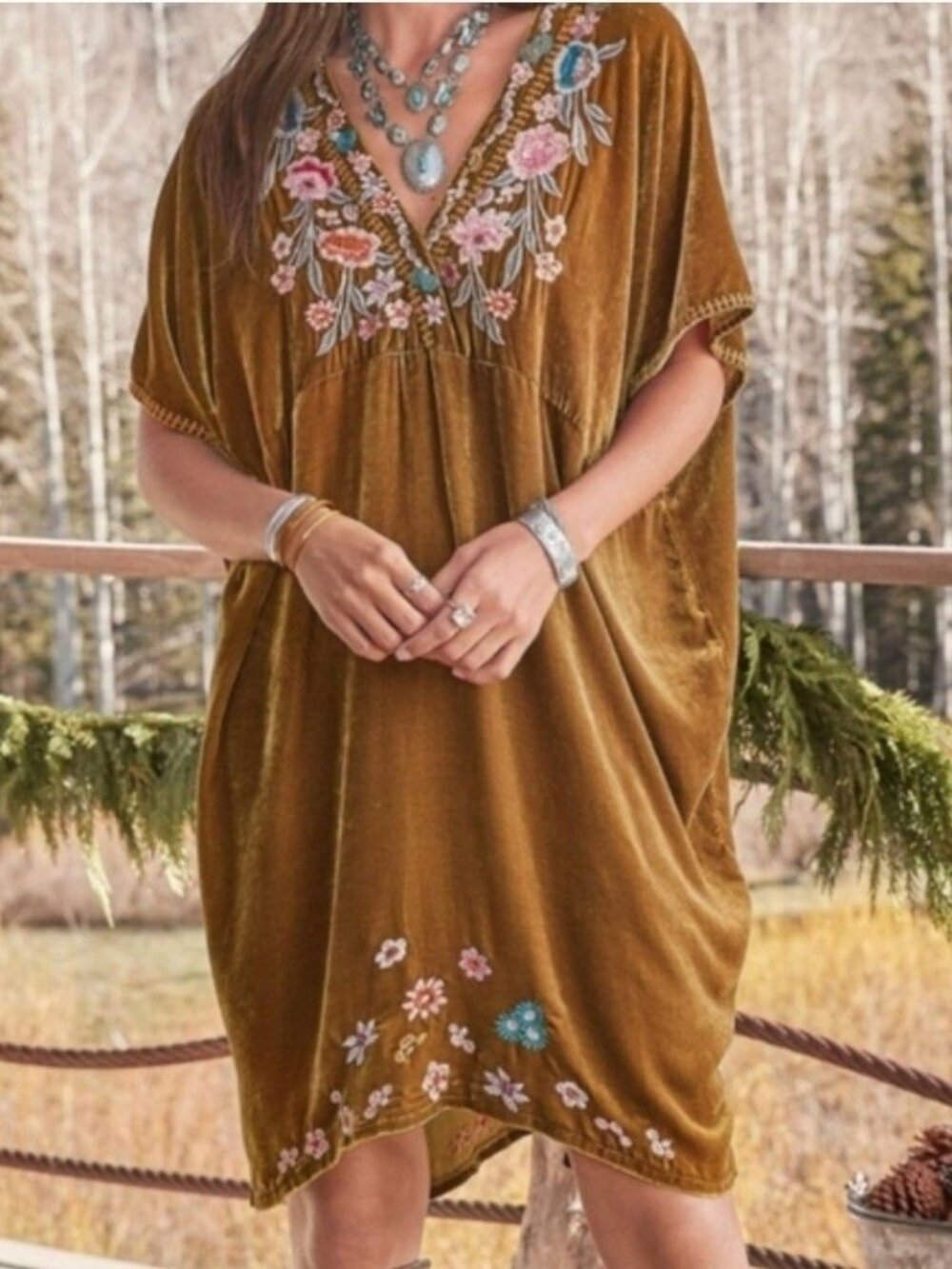 NEW Johnny Was Serafina Kaftan Dress Brown / Yellow Women M Embroidery Velvet